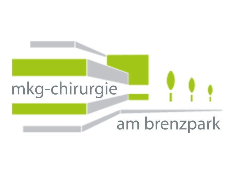 Logo Logo Chirurgie. Abstrakte Grafik mit gestapelten rechteckigen Formen und stilisierten Bäumen.
